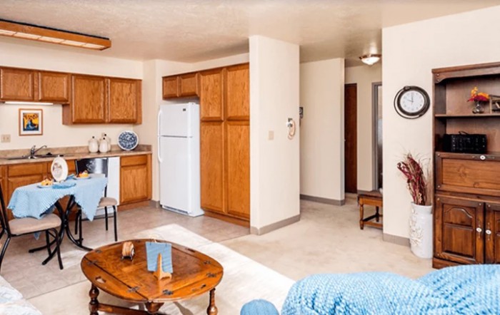 A cozy living room and kitchen area featuring wooden cabinets, a fridge, and comfortable seating with blue accents.