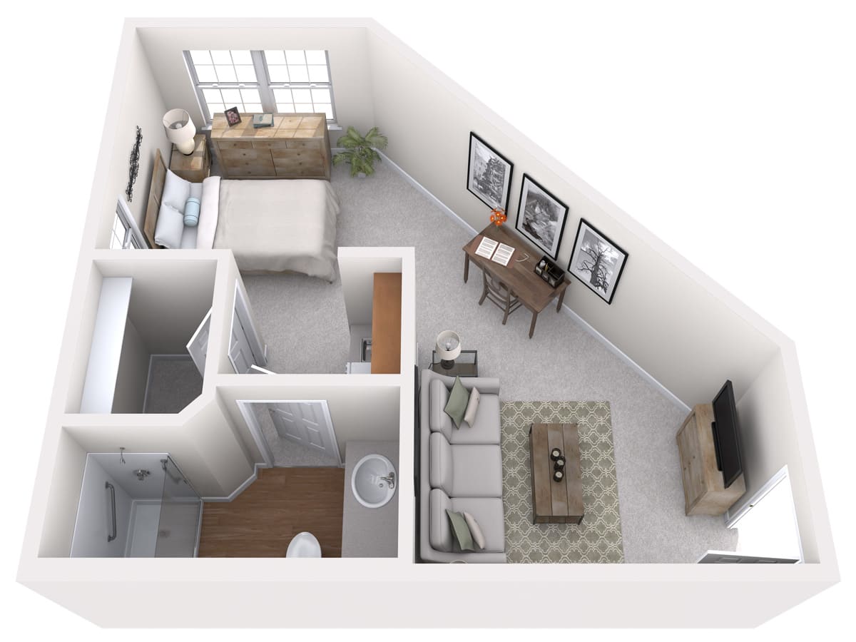 A 3D floor plan of a cozy one-bedroom apartment featuring a small living room, kitchen, bathroom, and bedroom.