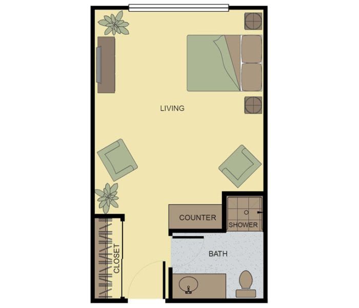 A floor plan of a studio apartment with designated areas for living, sleeping, and a bathroom.
