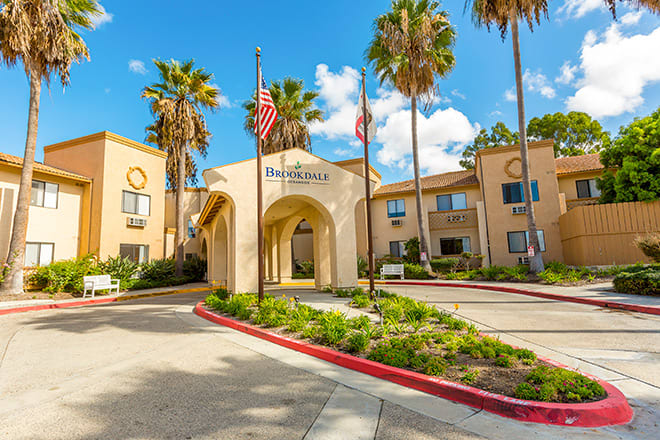 Sunny exterior view of a building with palm trees and flags.