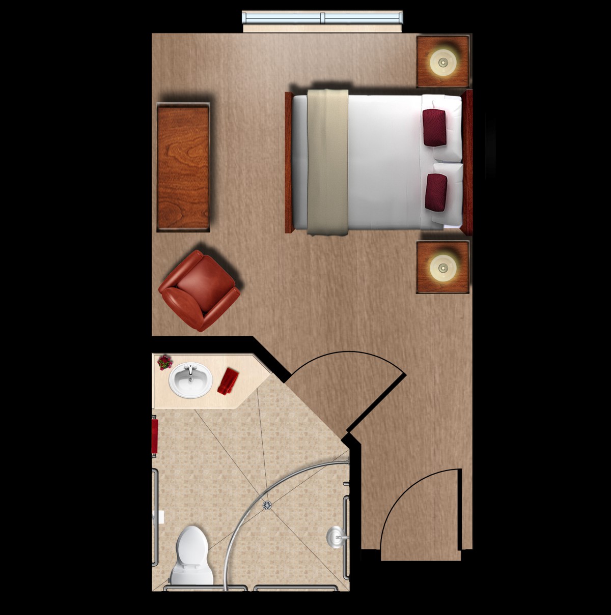 A simple floor plan of a bedroom with an attached bathroom.