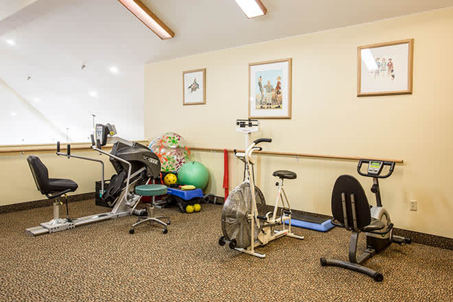 A small indoor gym featuring various exercise equipment including stationary bikes, a treadmill, yoga mats, and exercise balls.