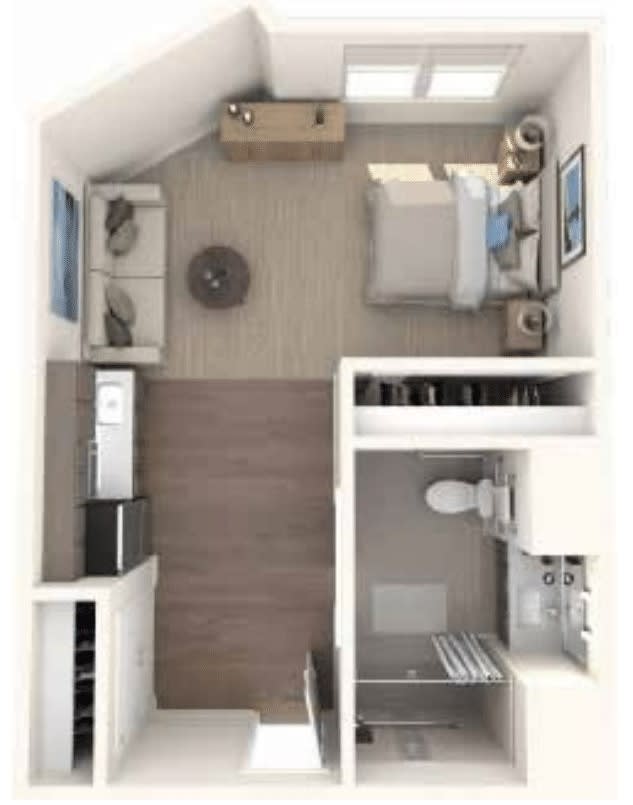 A top-down view of a studio apartment floor plan, showcasing the layout with a bedroom area, living space, kitchenette, and a separate bathroom.