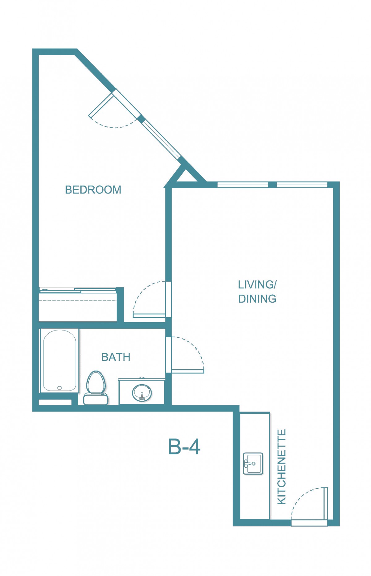 A simple floor plan of a one-bedroom apartment with living/dining area and bathroom.