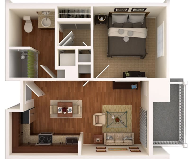 A 3D floor plan of a one-bedroom apartment featuring a living room, kitchen, bathroom, and bedroom.