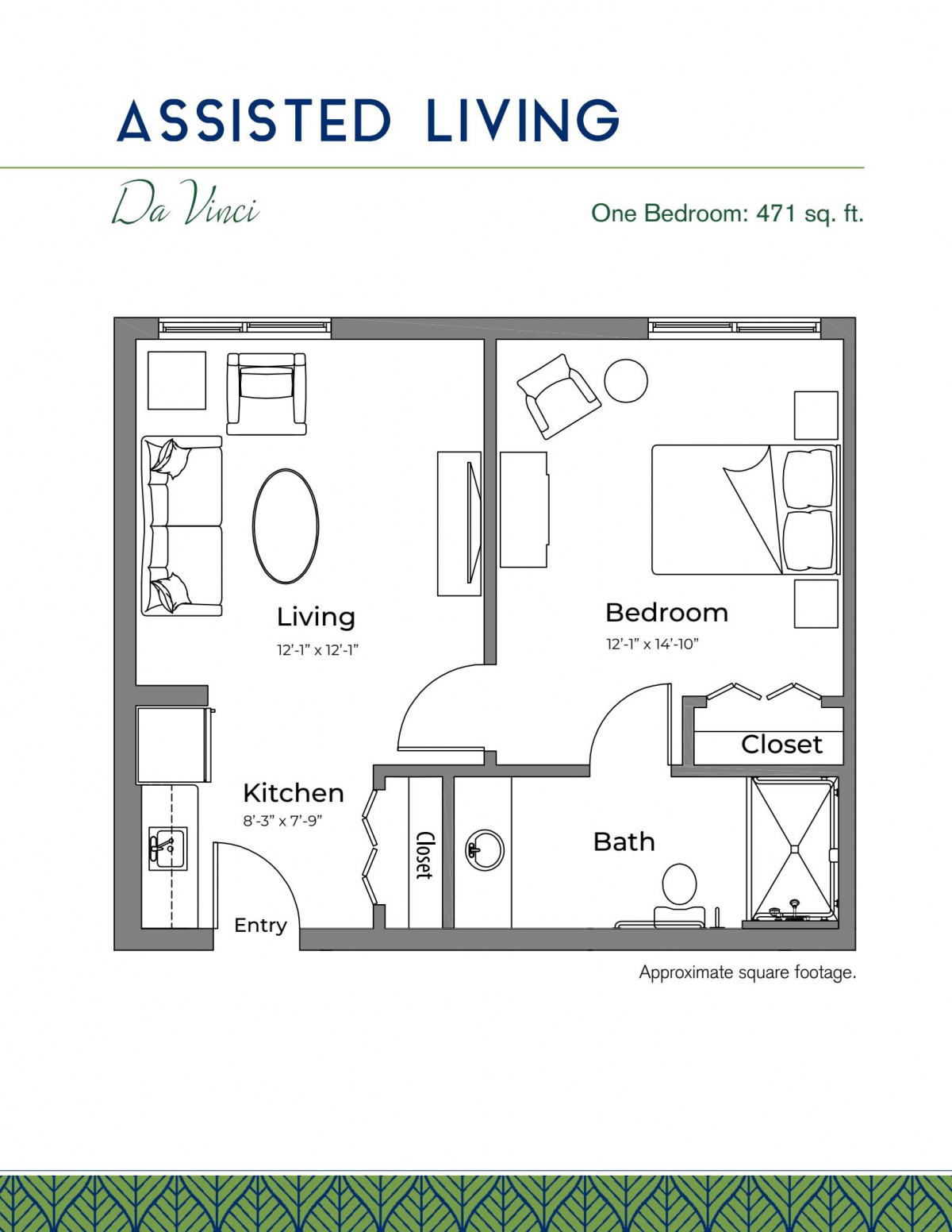 One-bedroom apartment floor plan with living room, kitchen, bathroom, and closet.