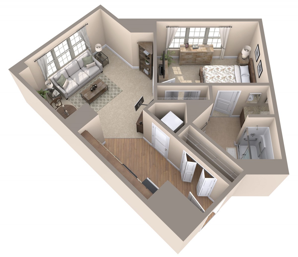 A 3D floor plan of a one-bedroom apartment, showcasing the layout including the living area, kitchen, bathroom, and bedroom.