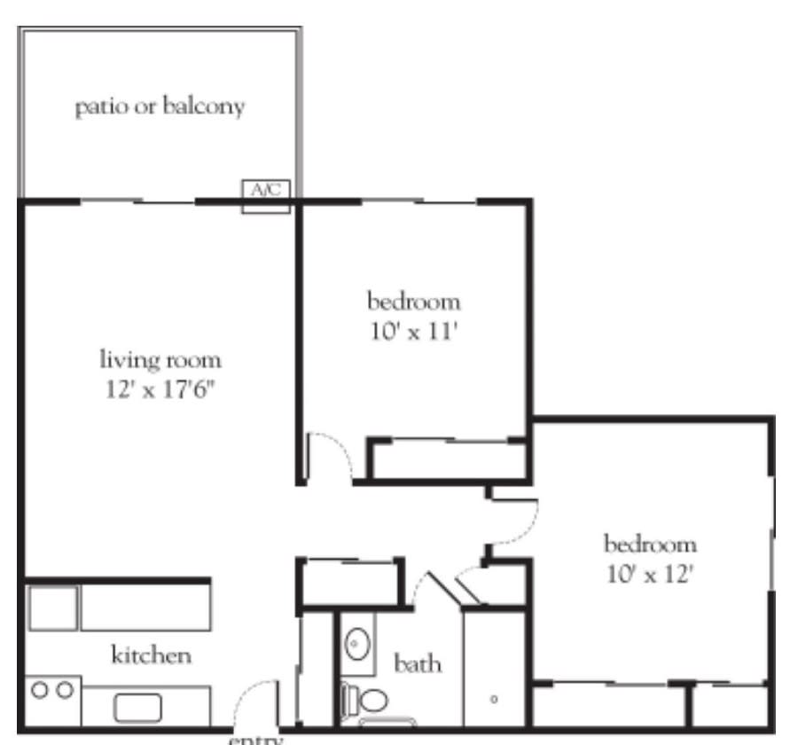 A floor plan of a two-bedroom apartment featuring a living room, kitchen, bathroom, and patio or balcony.