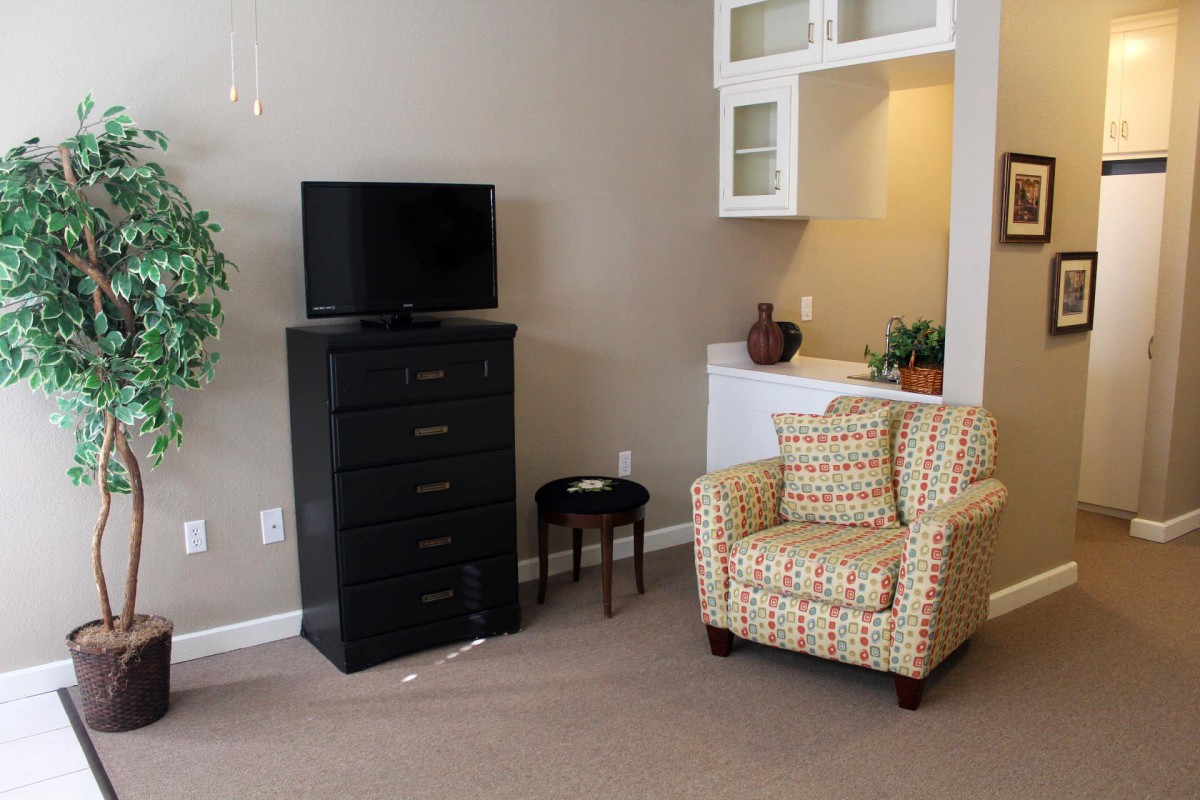 A cozy living room with an armchair, a television on a black dresser, and decorative elements.