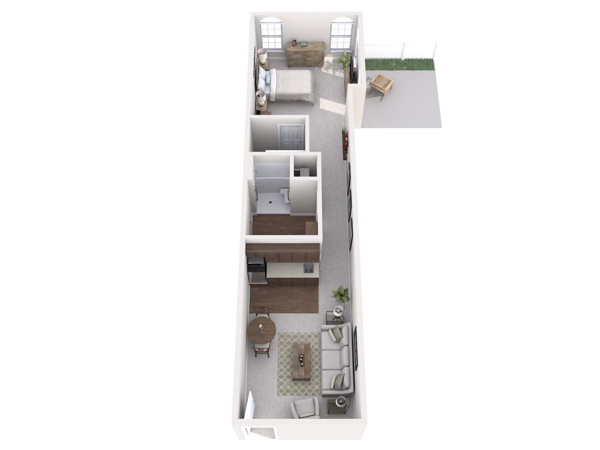 A 3D floor plan of a two-bedroom apartment featuring a living room, kitchen, and bathroom.