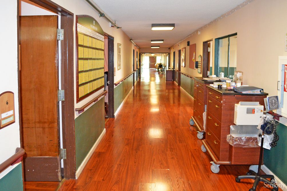 A brightly lit hospital hallway with wooden flooring and medical carts on the side.