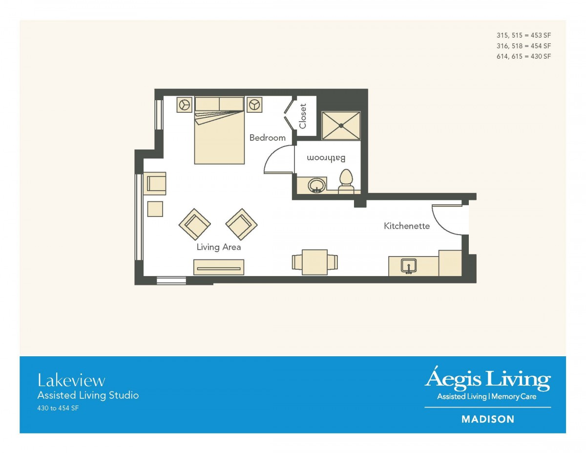 Floor plan of a single-bedroom apartment from Aegis Living.