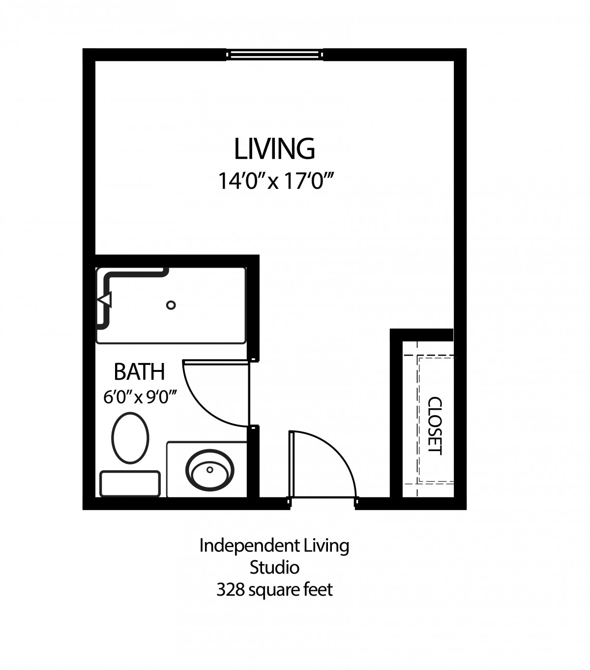 Floor plan of a 530 square foot independent living studio apartment.