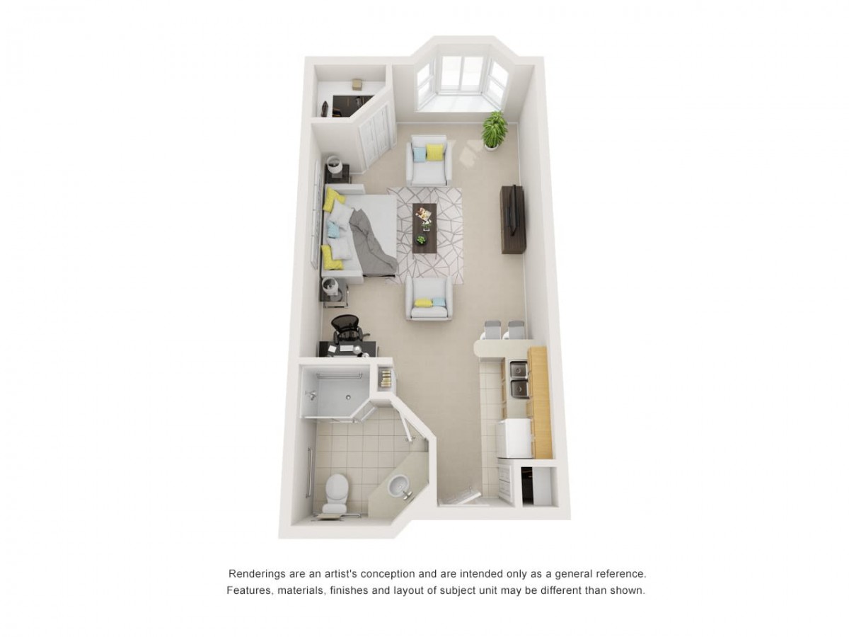 A 3D floor plan of a modern apartment showcasing furniture placement and room layout.