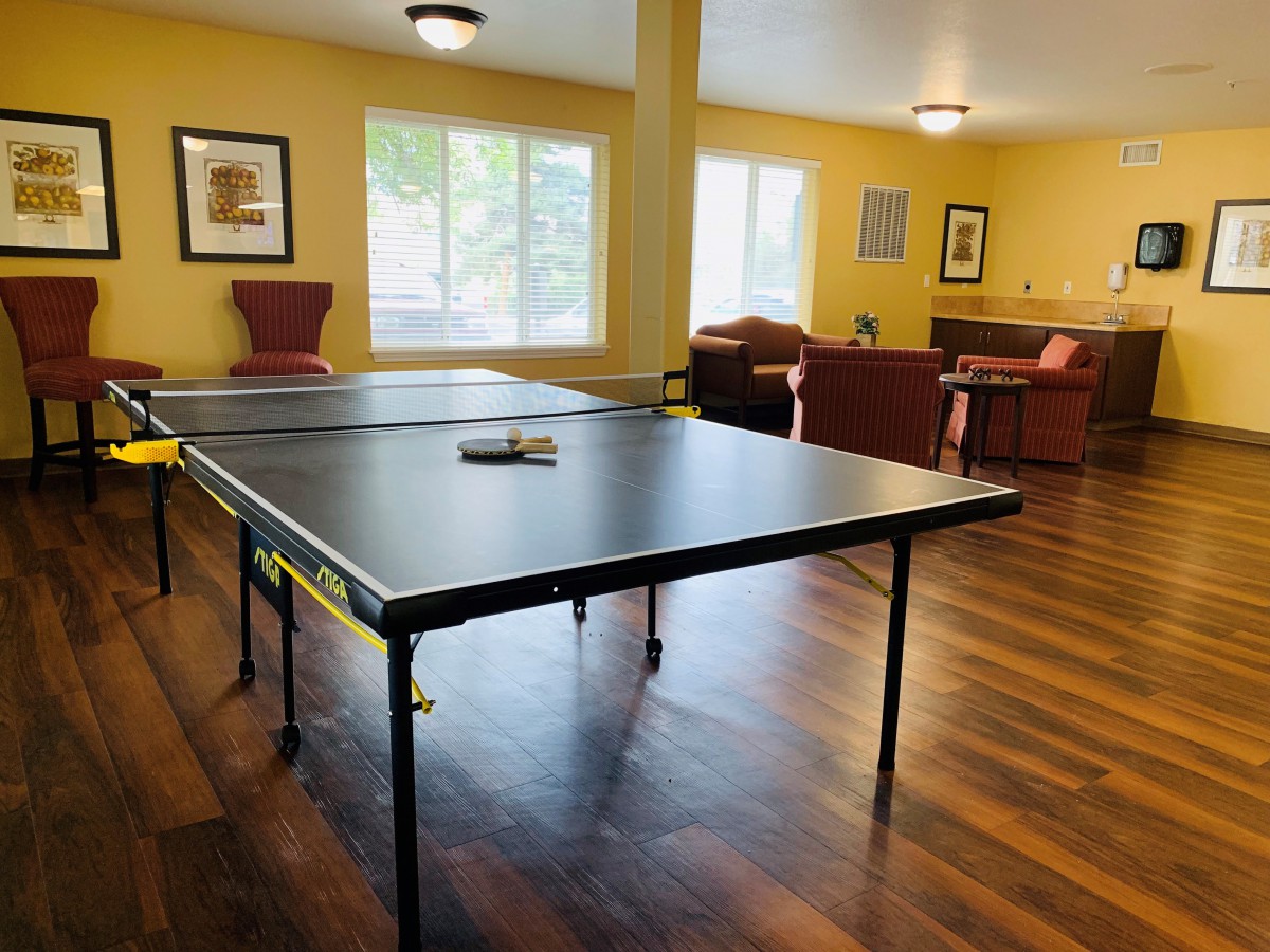 A cozy game room featuring a ping pong table and comfortable seating.