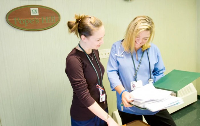 Two healthcare professionals reviewing documents together.