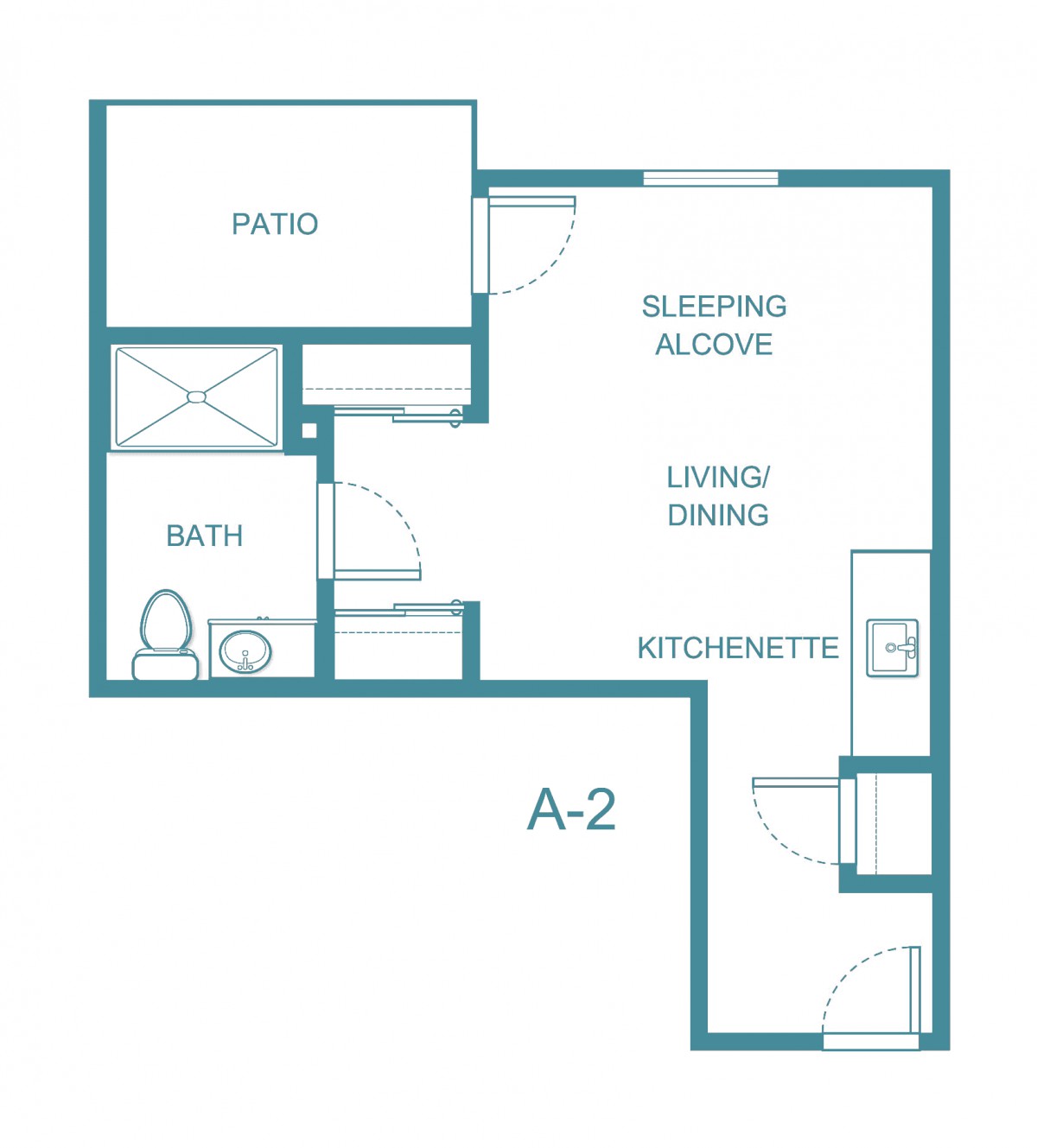 A compact studio apartment floor plan featuring a sleeping alcove, living area, kitchenette, bathroom, and patio.