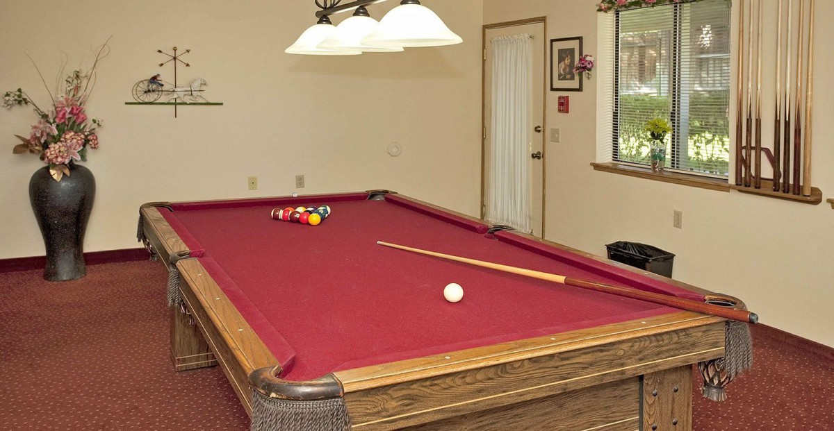 A game room featuring a pool table with red felt, arranged for play.