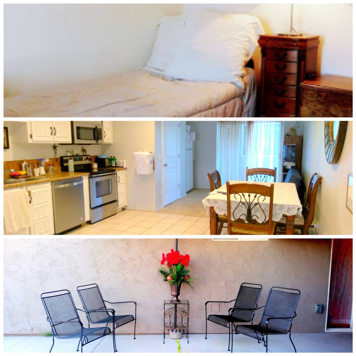 Collage of a cozy bedroom, a functional kitchen with dining area, and an inviting outdoor seating space.