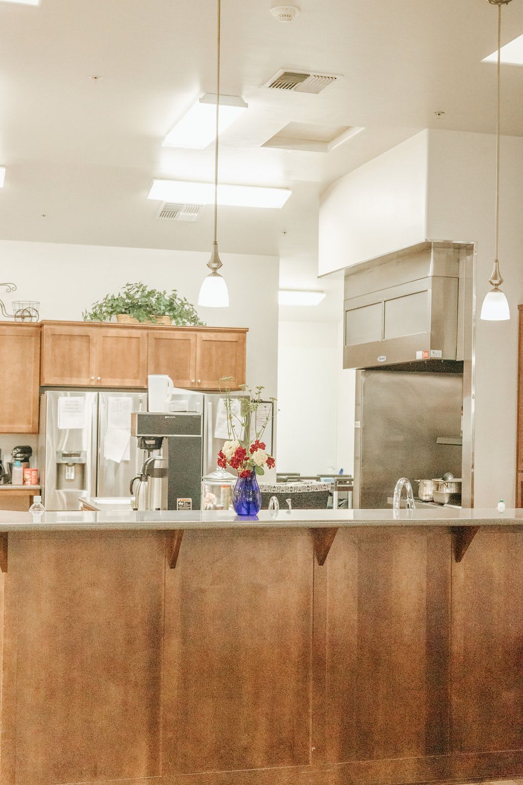 A modern kitchen interior featuring wooden cabinets, stainless steel appliances, and pendant lighting over a countertop with a vase of flowers.