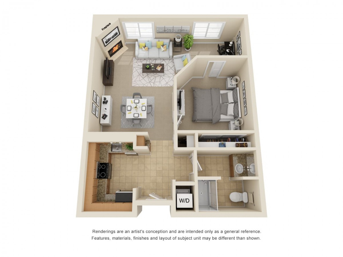 A 3D floor plan of a modern one-bedroom apartment featuring an open kitchen, cozy living area, and bathroom.