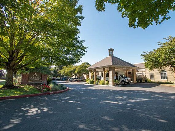 A driveway leads to a building entrance surrounded by trees on a sunny day.