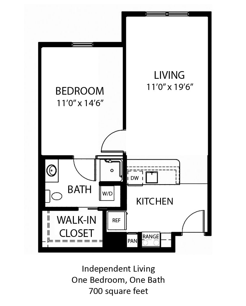 One-bedroom apartment floor plan with kitchen, living area, bathroom, and walk-in closet.