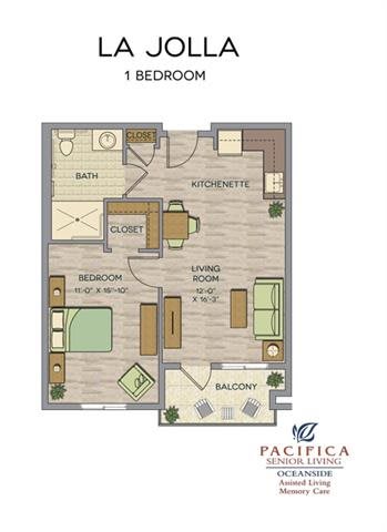 A one-bedroom apartment floor plan with a living room, kitchenette, bathroom, and balcony.