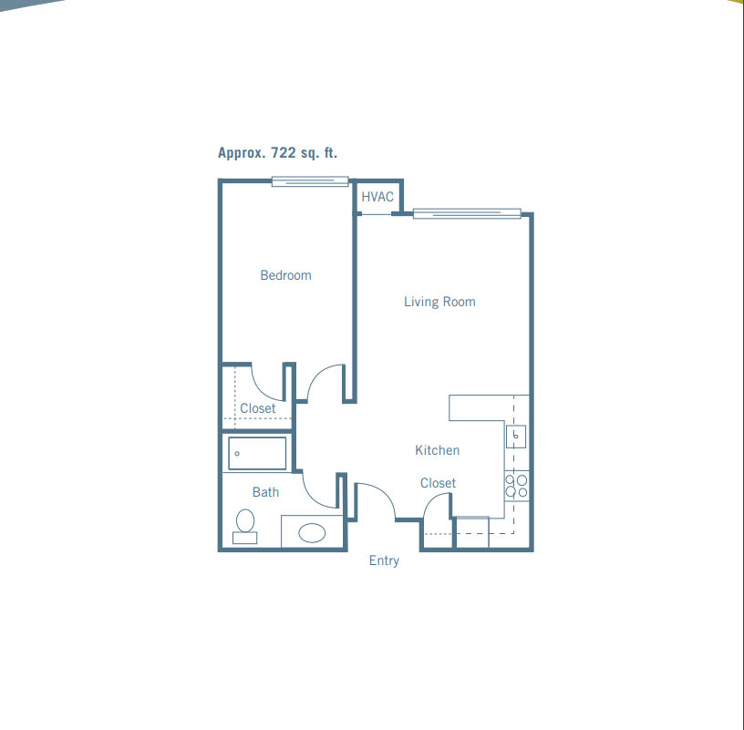 An architectural floor plan of a one-bedroom apartment.