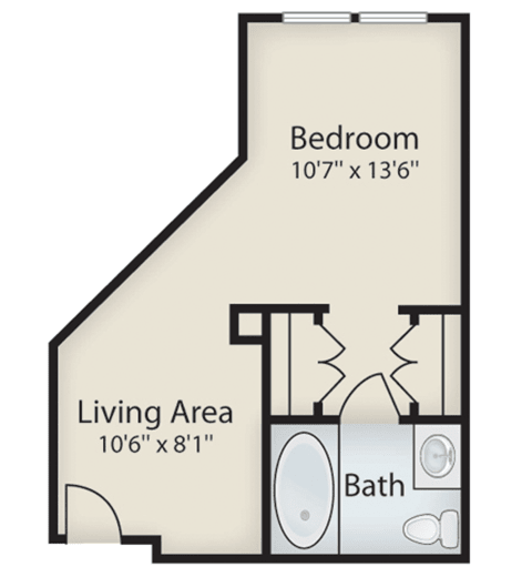 Floor plan of a one-bedroom apartment with a living area and bathroom.