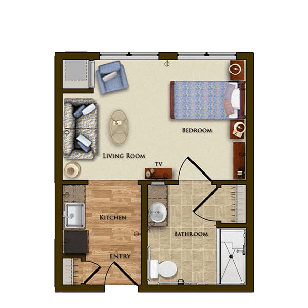 A simple floor plan of a one-bedroom apartment featuring a living room, kitchen, and bathroom.