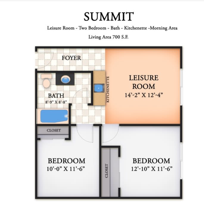 Summit apartment floor plan featuring two bedrooms, a bath, kitchen area, and leisure room.