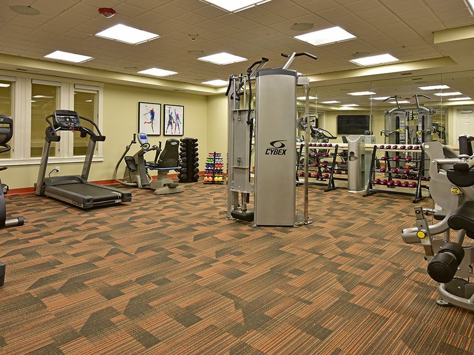 A well-equipped gym with various exercise machines and weights.