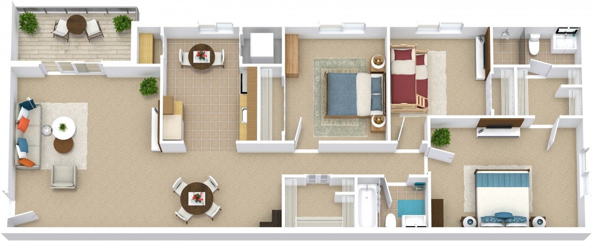 A detailed floor plan of a two-bedroom apartment showcasing furniture placement and room layout.