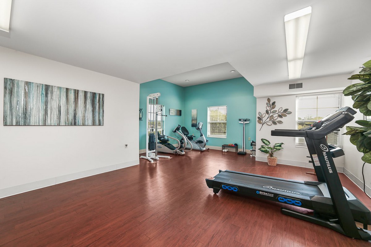 A modern gym with exercise equipment and a treadmill in a spacious room.