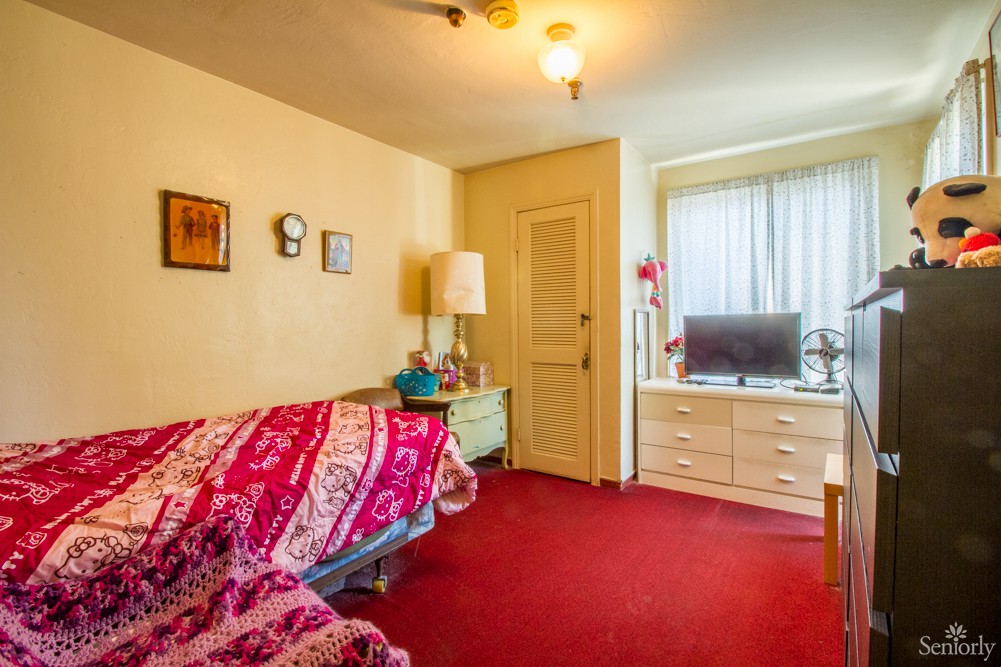A cozy bedroom with a red carpet, featuring a bed covered with a colorful blanket, a television on a dresser, and warm lighting.