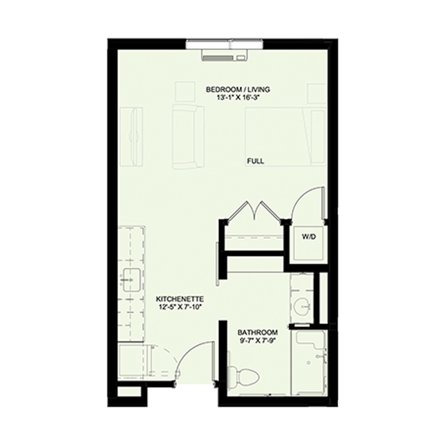 Studio apartment floor plan with a bathroom and kitchen area.