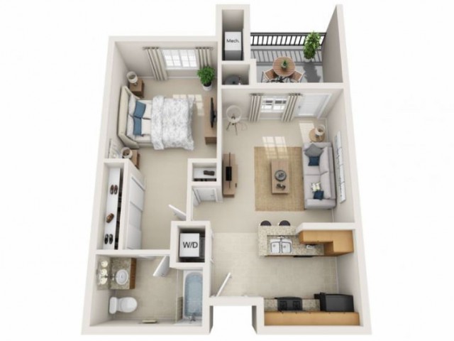A 3D-rendered floor plan of a one-bedroom apartment, featuring an open living area, kitchen, bathroom, and bedroom with a small balcony.