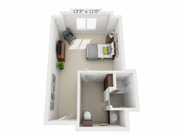 3D floor plan of a compact studio apartment with combined bedroom and living area.