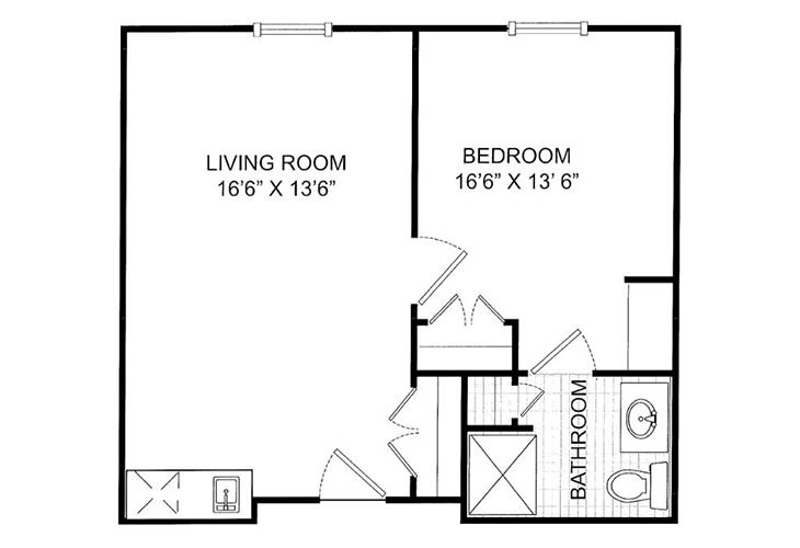 A floor plan showing the layout of an apartment with a living room, bedroom, and bathroom.