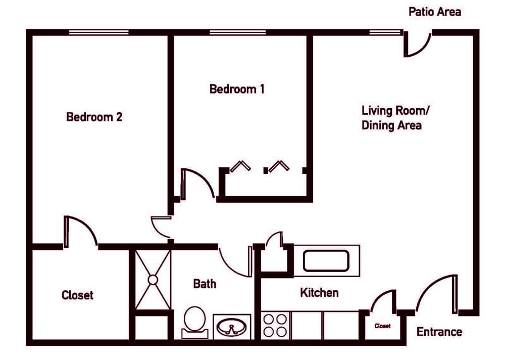 A floor plan of a two-bedroom apartment showing the layout of rooms and spaces.