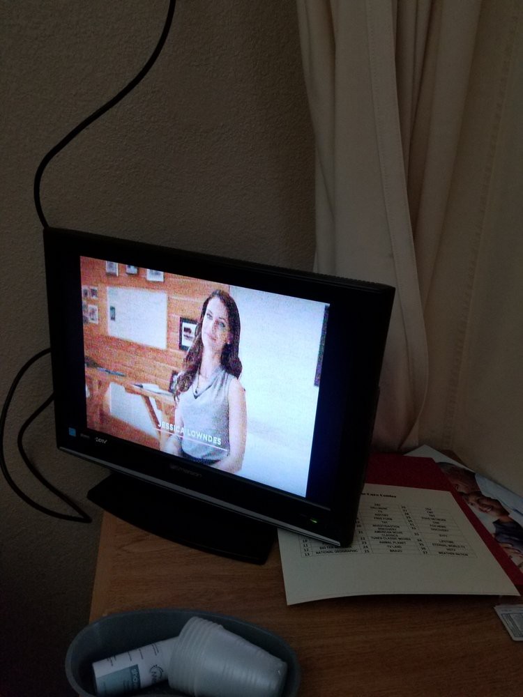A television displaying a woman speaking in a living room setting.