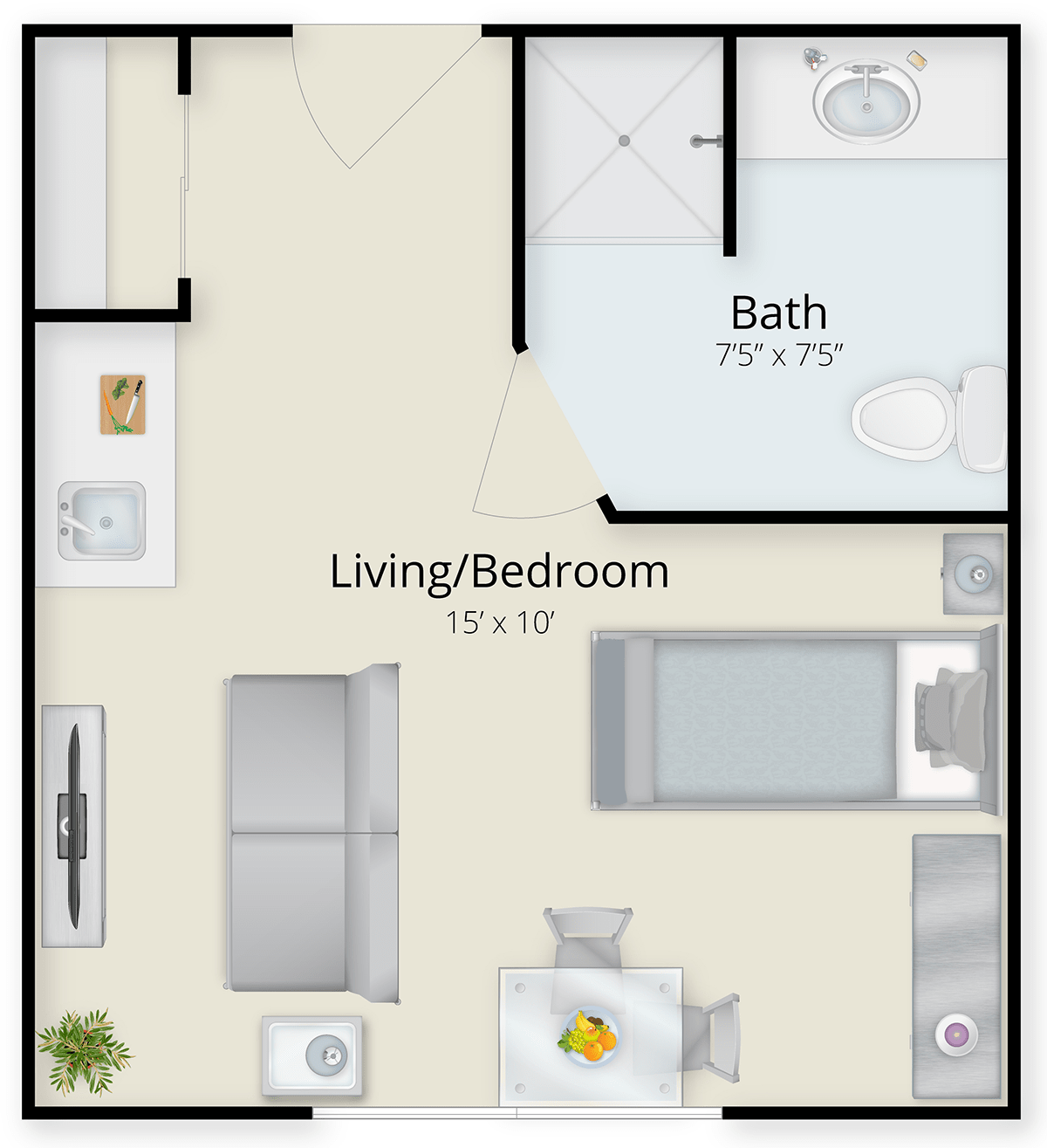 Studio apartment floor plan with combined living and bedroom area, kitchen, and bathroom.