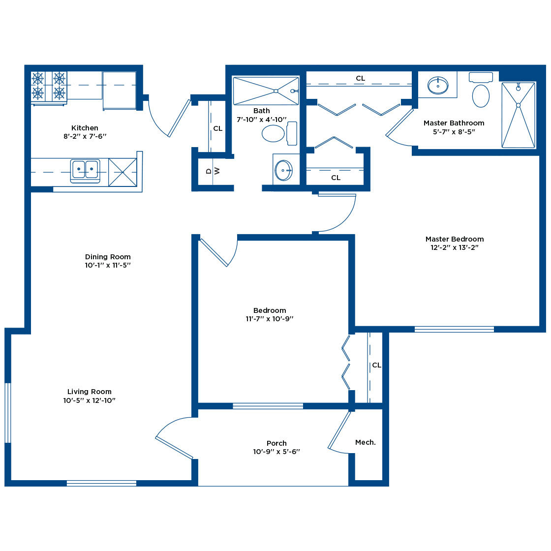 An architectural floor plan layout of an apartment, showing the arrangement of rooms including a kitchen, living area, bedroom, and bathroom.