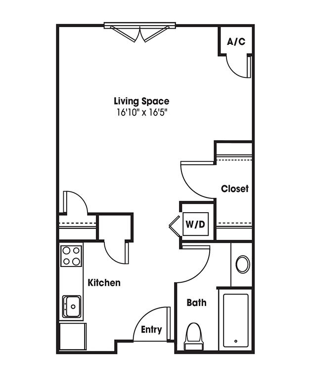 Studio apartment floor plan with kitchen, bathroom, and living area.