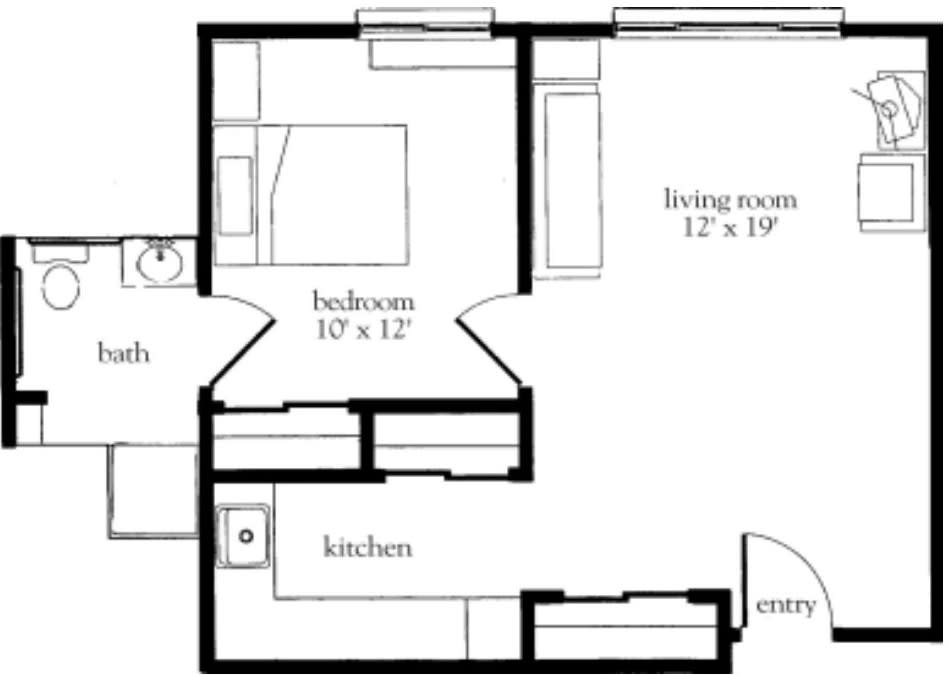 A simple floor plan of a one-bedroom apartment layout featuring a living room, kitchen, and bathroom.