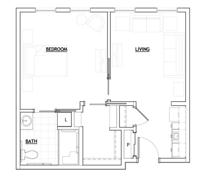 Floor plan of a one-bedroom apartment with labeled living and bathroom areas.