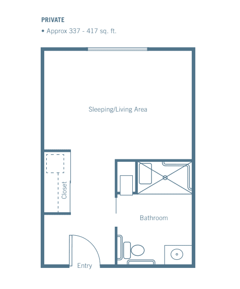 Studio apartment layout with general living area and bathroom.