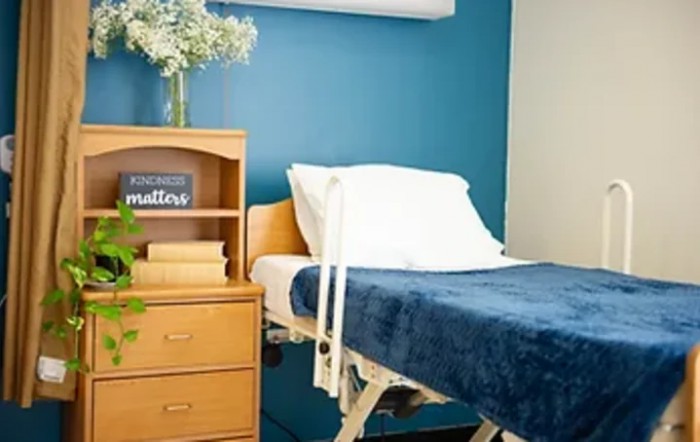 A neatly arranged room with a hospital bed, nightstand, and decorative flowers.