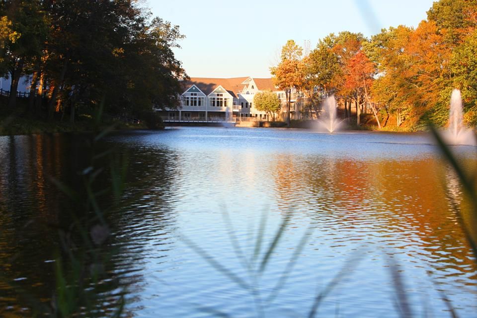 A serene lake view with autumn-colored trees, a fountain, and a distant building reflecting on the water.